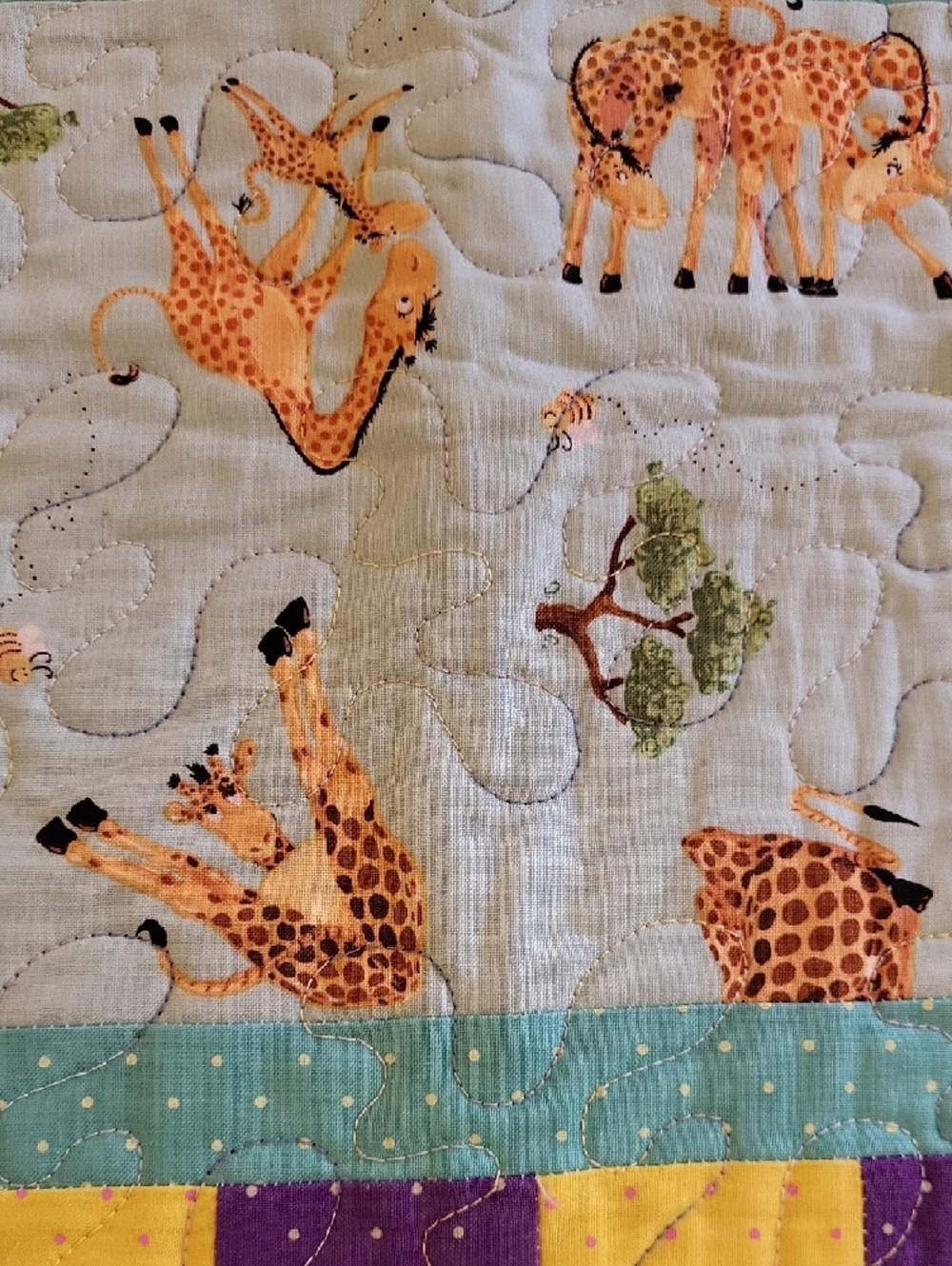 Patchwork Baby " Zoe the Giraffi" Quilt in Aqua, Orange, Yellow & Purple - Picture 2 of 6